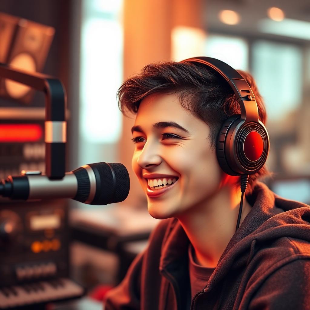 Conduttore radiofonico con cuffie al microfono